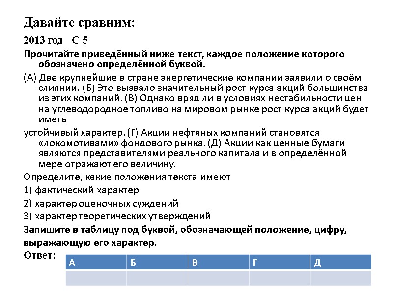 Давайте сравним: 2013 год   С 5 Прочитайте приведённый ниже текст, каждое положение